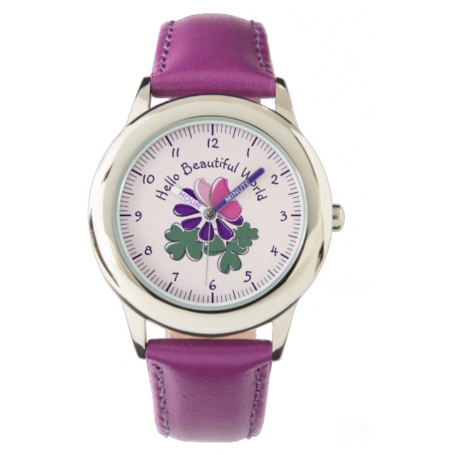 Hello Beautiful World Pink Butterfly Purple Flower Watch (Front)