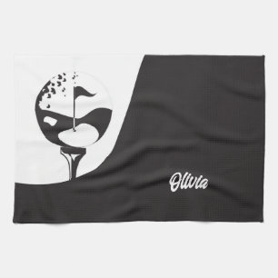 Hello Black and White Golf Theme Tea Towel