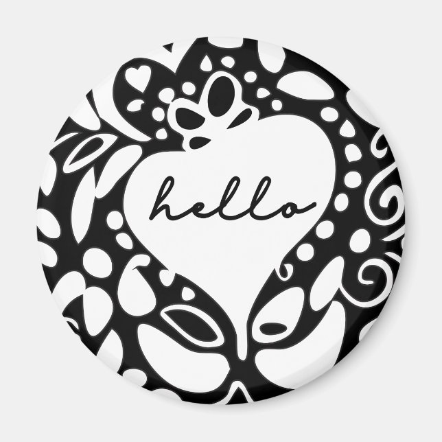"Hello" Black & White, hearts, leaves pattern Magnet (Front)