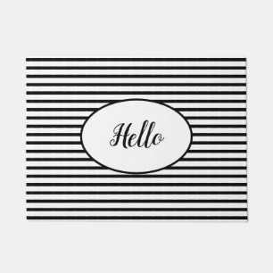 Hello Black White Stripe Pattern Doormat