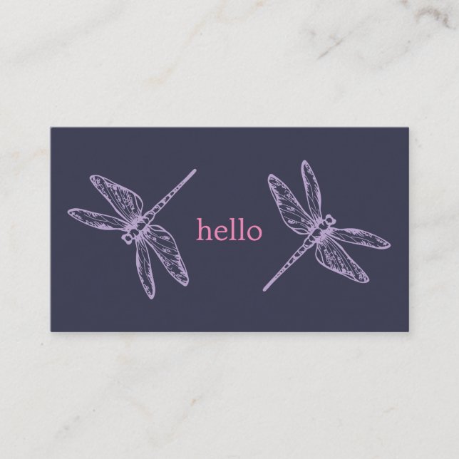 Hello blue purple dragonflies insects illustration business card (Front)