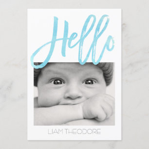 Hello Blue Watercolor 3-Photo   Birth Announcement