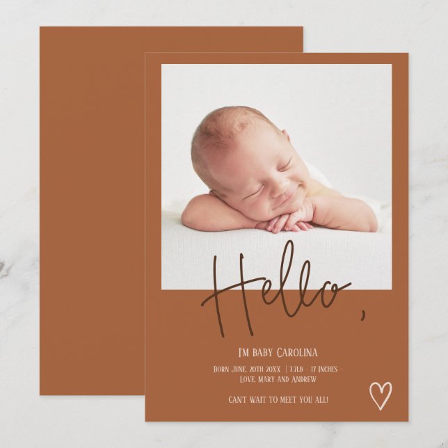 Hello boho script heart photo cute baby birth announcement (Front/Back)