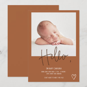 Hello boho script heart photo cute baby birth announcement