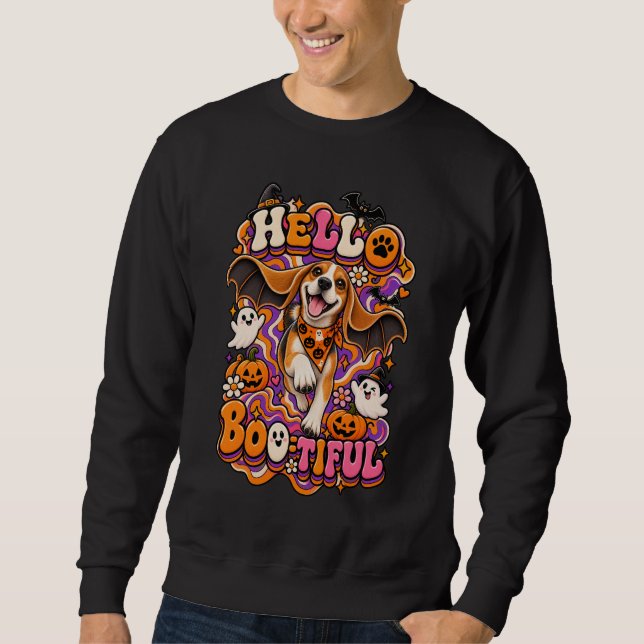 Hello Bootiful Beagle Halloween Funny Groovy Witch Sweatshirt (Front)