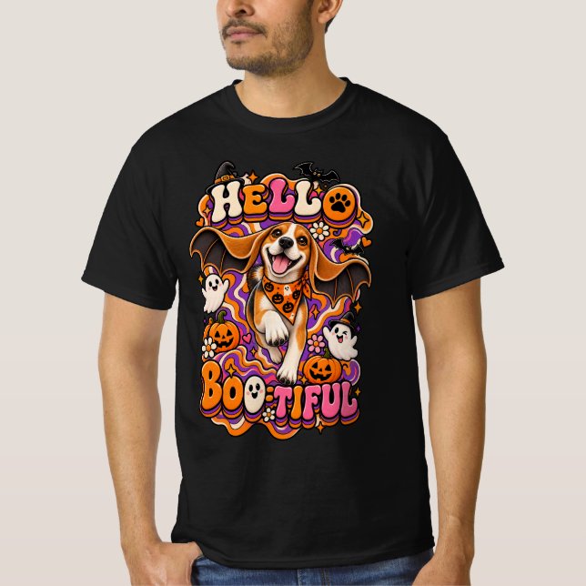 Hello Bootiful Beagle Halloween Funny Groovy Witch T-Shirt (Front)