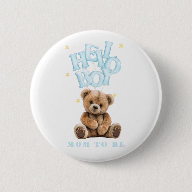 Hello Boy Balloon Teddy Bear Boy Baby Shower 6 Cm Round Badge (Front)