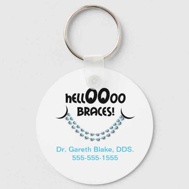Hello Braces Blue Orthodontist Patient Gift Custom Key Ring (Front)