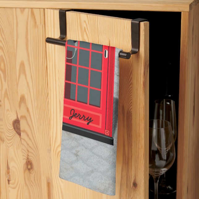 Hello, Calories! Red London Phone Booth with name Tea Towel (Thirds Fold)