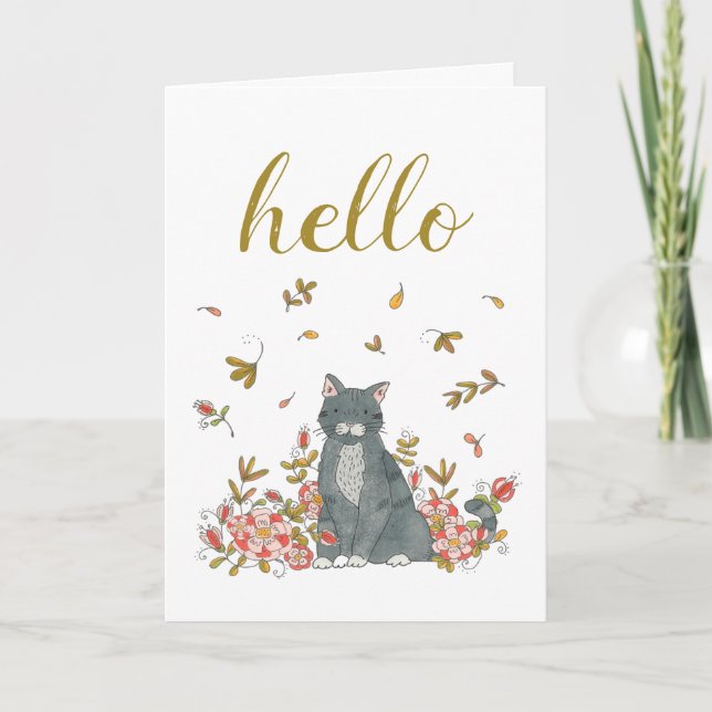 Hello Cat and Flowers Illustrated Thinking of You Card (Front)