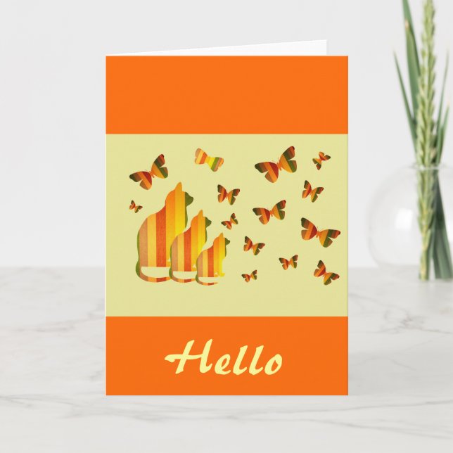 'Hello', Cats & Butterflies in orange & yellow Card (Front)