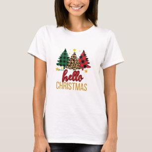 Hello Christmas Plaid Leopard Trees Custom Name  T-Shirt