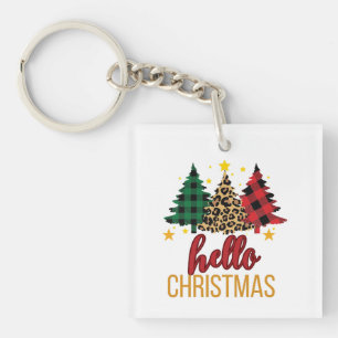 Hello christmas with plaid trees keychain