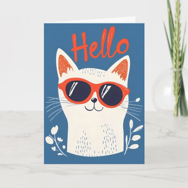 Hello Cool White Cat Holiday Card (Front)