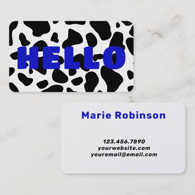 HELLO Cow Print Black White royal blue Business Card (Front/Back)