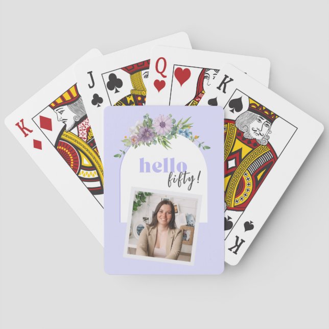 Hello (Custom Year) - Purple Florals 50th Playing Cards (Back)