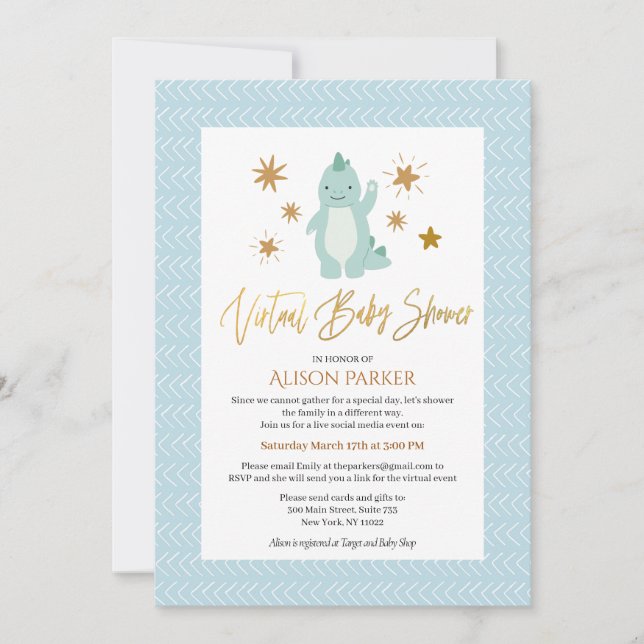 Hello Cute Blue Dinosaur Virtual Baby Shower Invitation (Front)