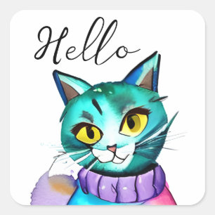 Hello   Cute Blue Kitty Cat Square Sticker