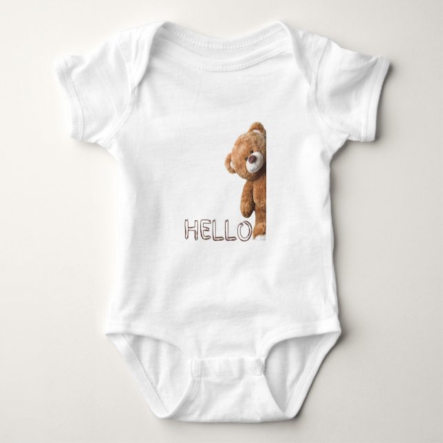 Hello Cute Brown Teddy Bear     Baby Bodysuit (Front)