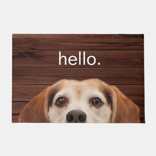 Hello Cute Funny Beagle Dog Face Dark Wood Doormat (Front)