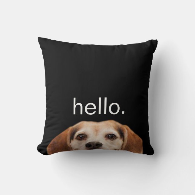 Hello Cute Funny Smiling Beagle Dog Modern Black Cushion (Front)