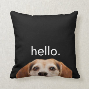 Hello Cute Funny Smiling Beagle Dog Modern Black Cushion
