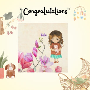  Hello, Cute Girl and Cat Card