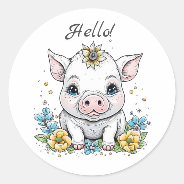Hello! Cute Pig with Flower on her Head Classic Round Sticker (Front)