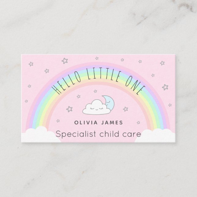Hello cute rainbow moon cloud childcare babysitter business card (Front)