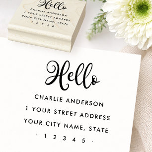 Hello cute script modern minimalist return address rubber stamp