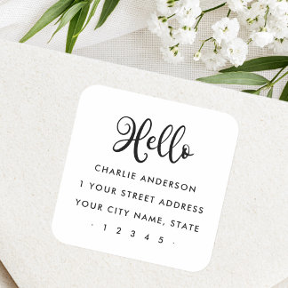 Hello cute script modern minimalist return address square sticker