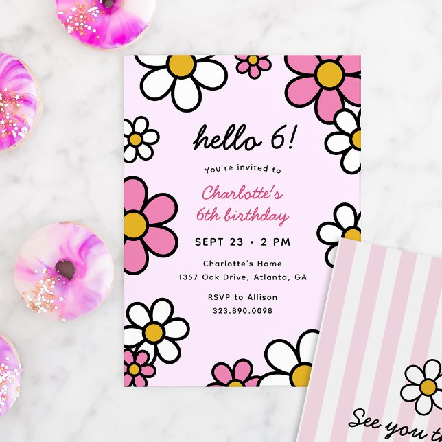 Hello Cutie Cartoon Daisies Pink Birthday Party Invitation (Hello Cutie cartoon daisies birthday party invitation template in pink, white, and yellow)