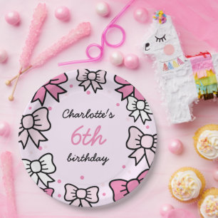 Hello Cutie Cartoon Pink Bow Birthday Party Paper Plate