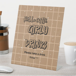 Hello Cutie Girly Brown Gingham Baby Shower Drinks Pedestal Sign