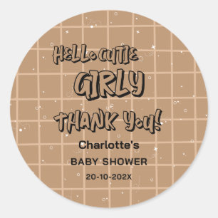 Hello Cutie Girly Cute Brown Gingham Baby Shower Classic Round Sticker