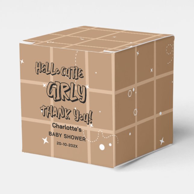 Hello Cutie Girly Cute Brown Gingham Baby Shower Favour Box (Front Side)