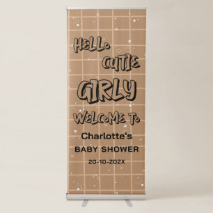Hello Cutie Girly Cute Brown Gingham Baby Shower Retractable Banner