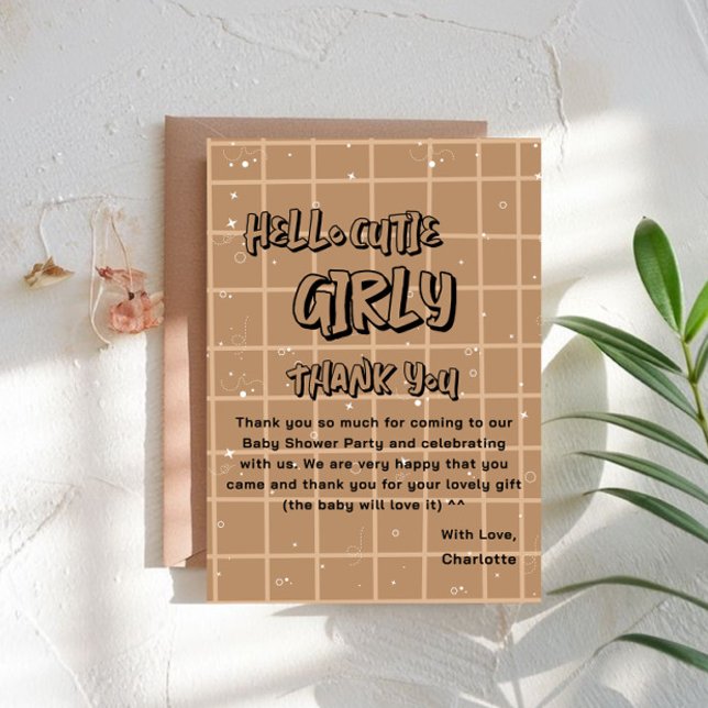 Hello Cutie Girly Cute Brown Gingham Baby Shower Thank You Card (Creator Uploaded)