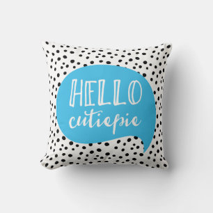 Hello Cutiepie blue black polka dot spotty pillow