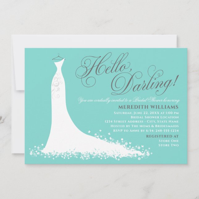 Hello Darling Aqua Blue Wedding Gown Bridal Shower Invitation (Front)