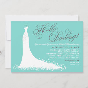 Hello Darling Aqua Blue Wedding Gown Bridal Shower Invitation