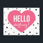 Hello Darling | Polka Dots Greeting Postcard<br><div class="desc">Fun and whimsical card featuring dots patterns and pink heart.</div>