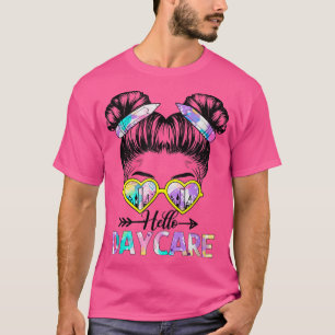 Hello Daycare Tie Dye Messy Bun Kids Back To Schoo T-Shirt