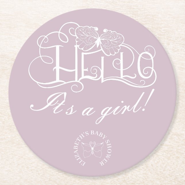 Hello decorative script baby shower dusty blue round paper coaster (Front)