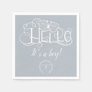Hello decorative script dusty blue it's a boy napkin