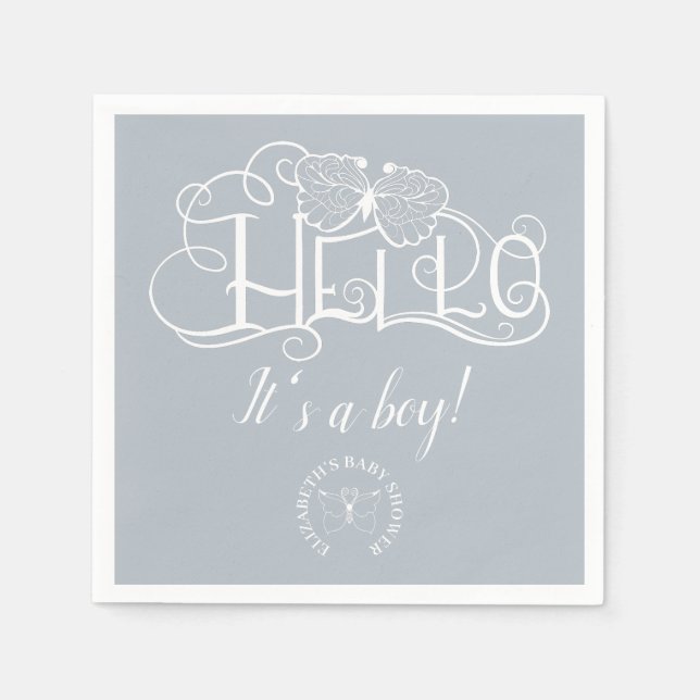 Hello decorative script dusty blue it's a boy napkin (Front)
