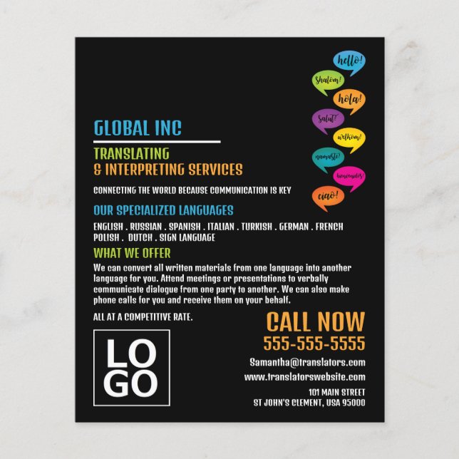 Hello Design, Translator & Interpreter Flyer (Front)