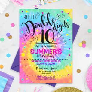 Hello Double Digits Party Invitation Tie Dye 10th