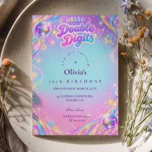 Hello Double Digits Pastel Disco Birthday Invitation