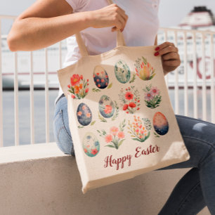 Hello Easter Colourful Watercolor Egg Monogram Tote Bag
